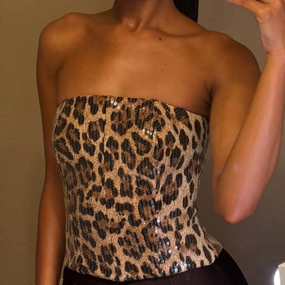 Leopard Print Sequin Tube Top - Brown - 1