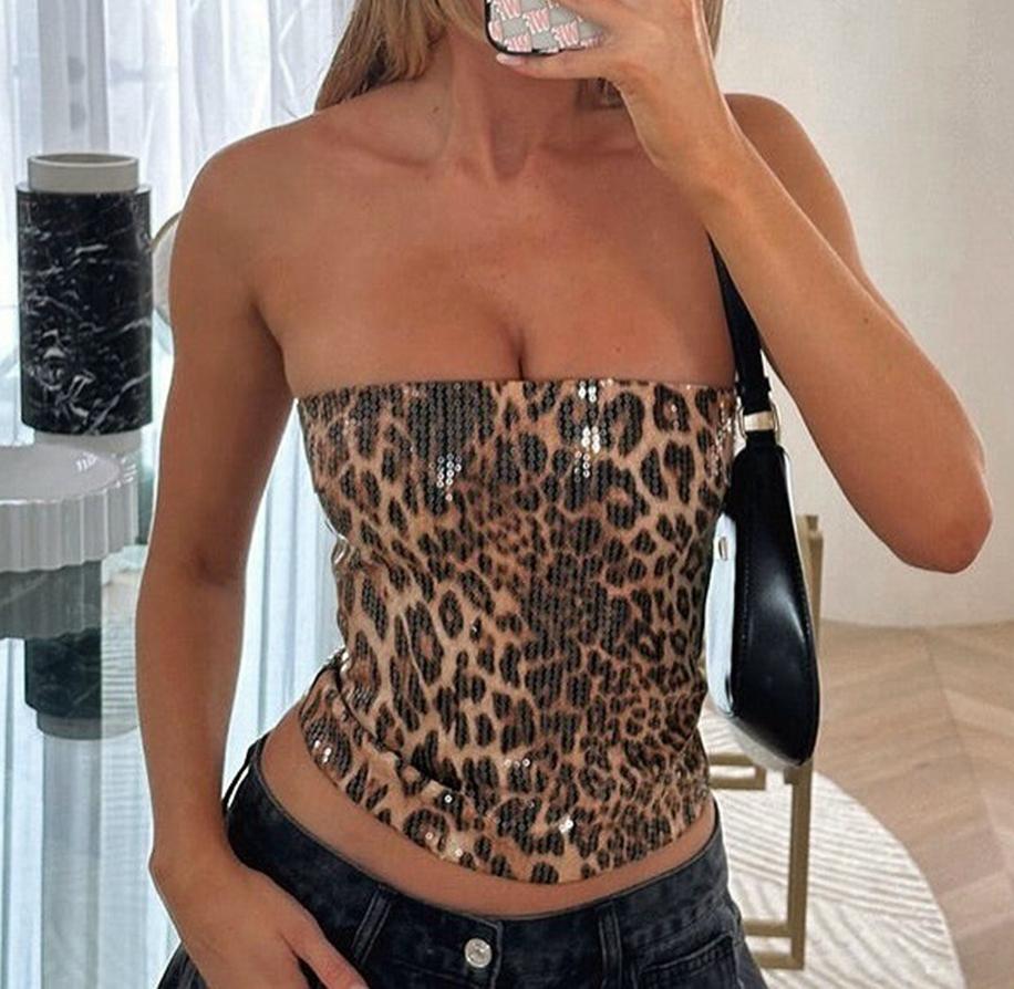 Leopard Print Sequin Tube Top - Brown - 4
