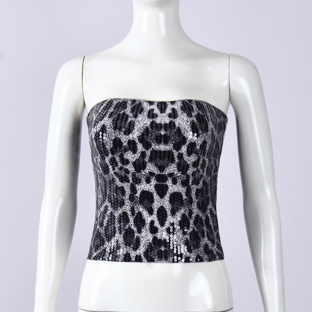 Leopard Print Sequin Tube Top - Grey