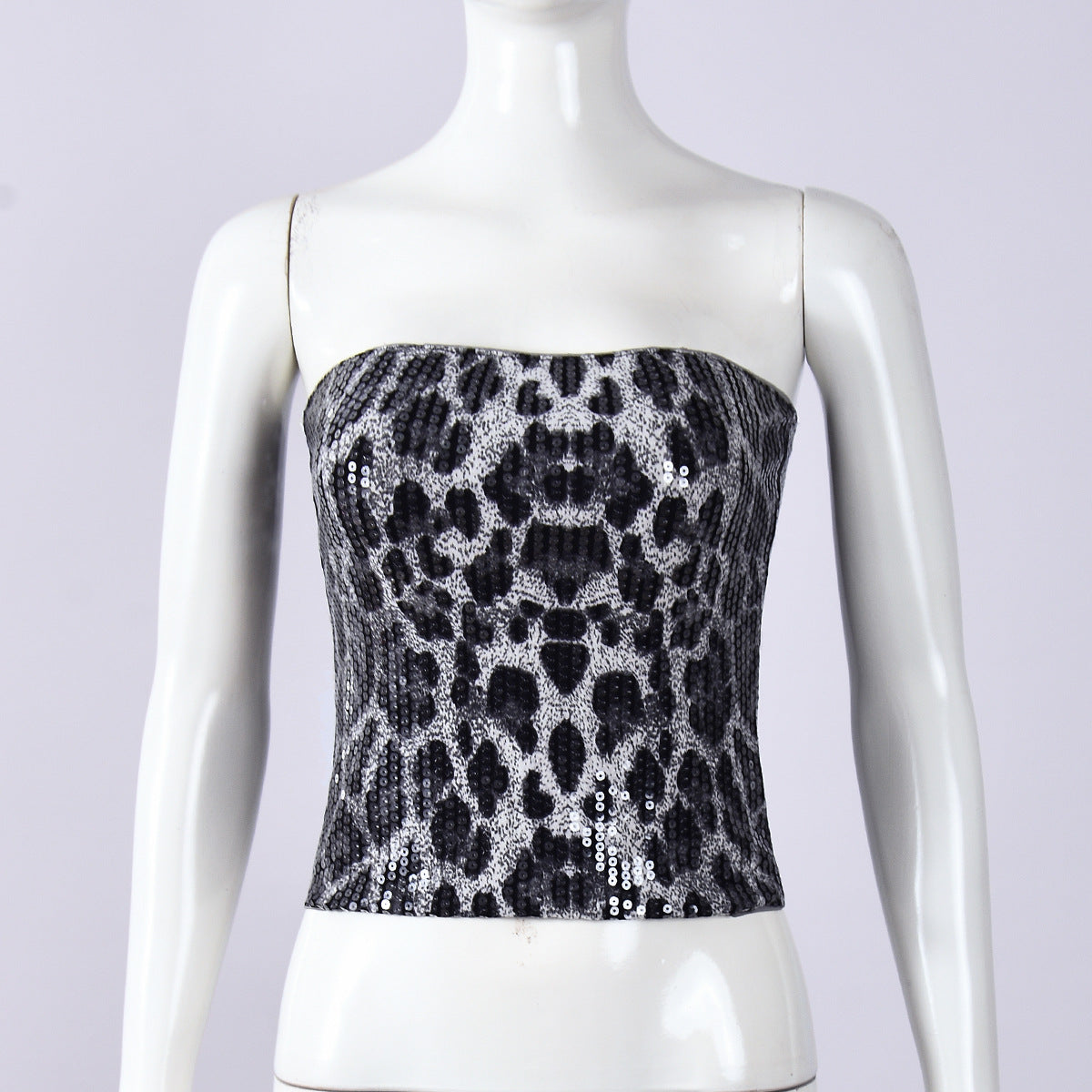 Leopard Print Sequin Tube Top - Grey