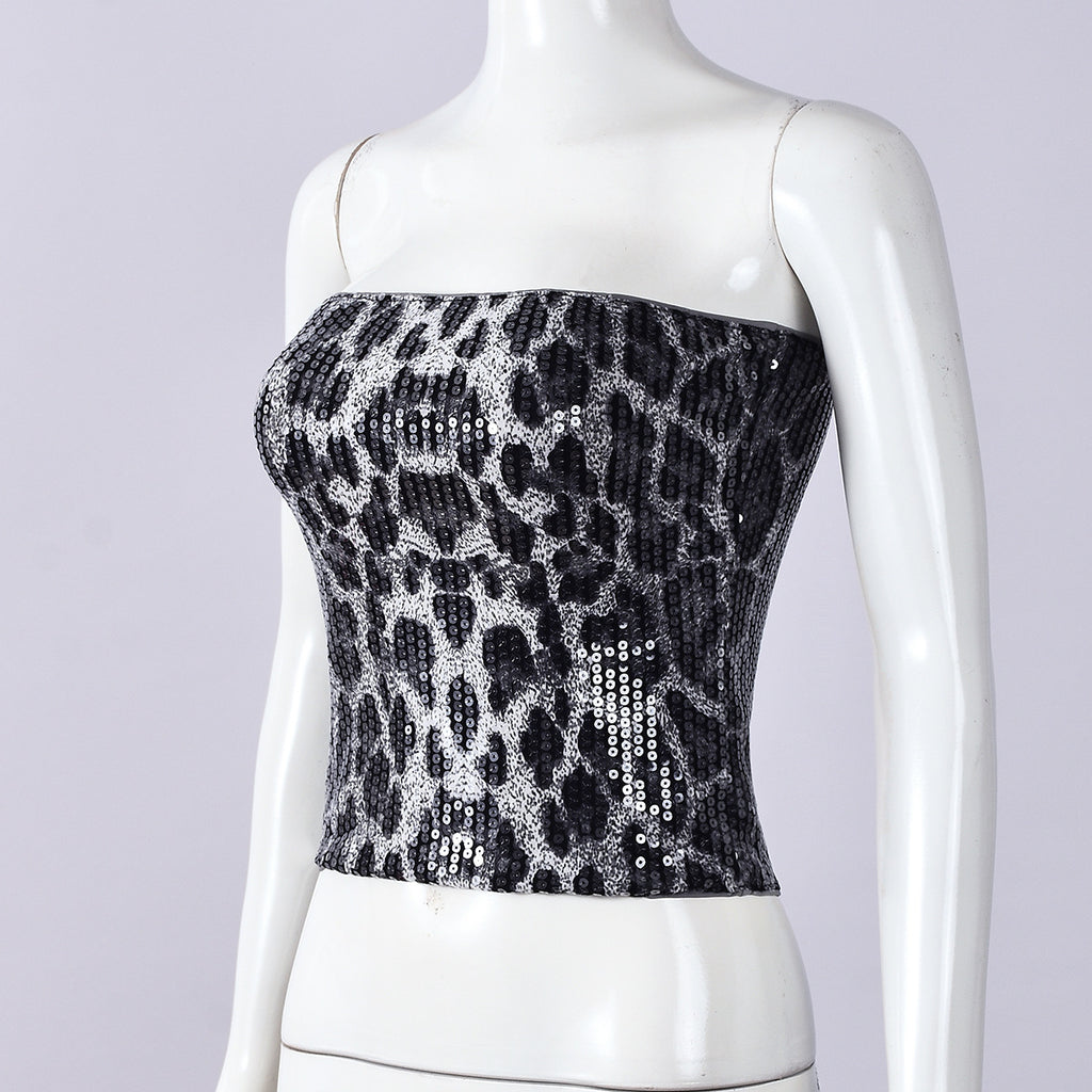 Leopard Print Sequin Tube Top - Grey - 1