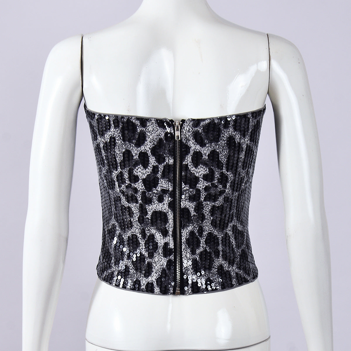 Leopard Print Sequin Tube Top - Grey - 2