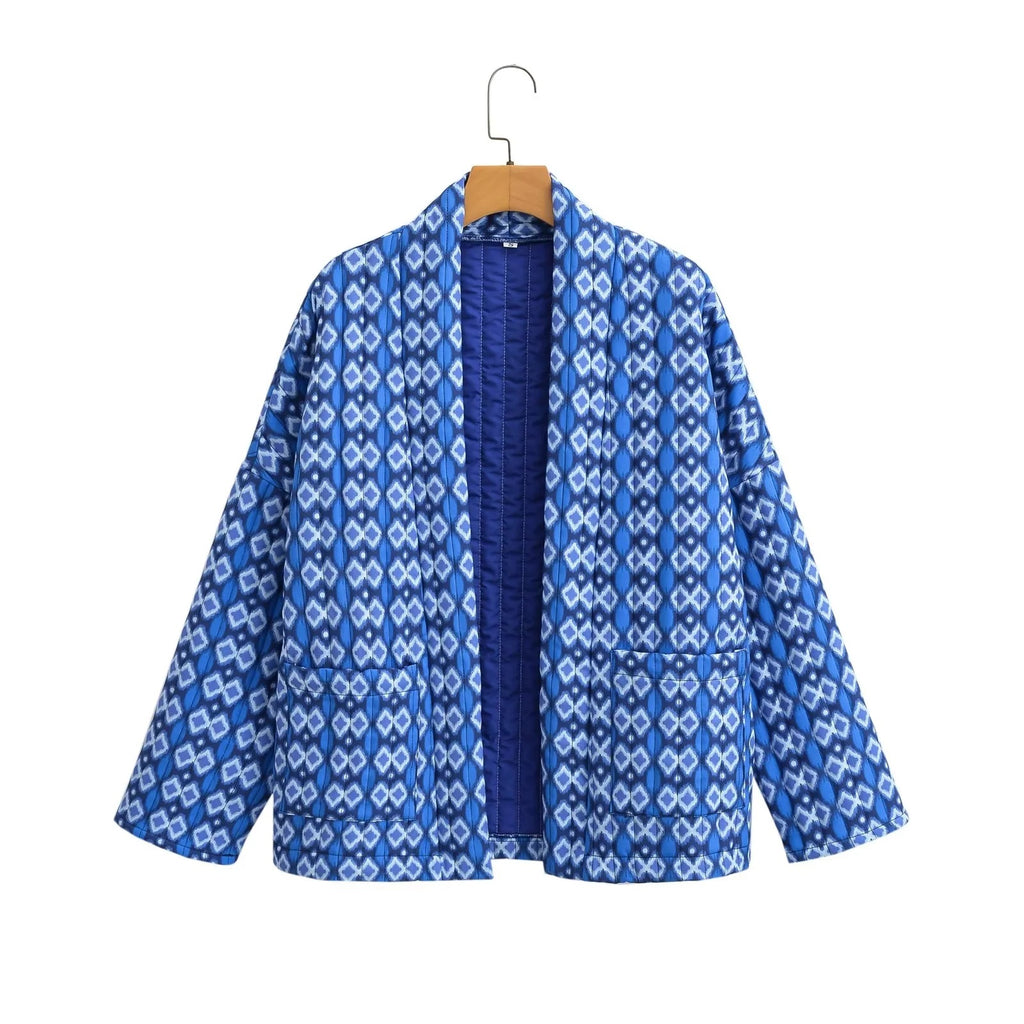 Geometric Floret Print Quilted Jacket - Blue