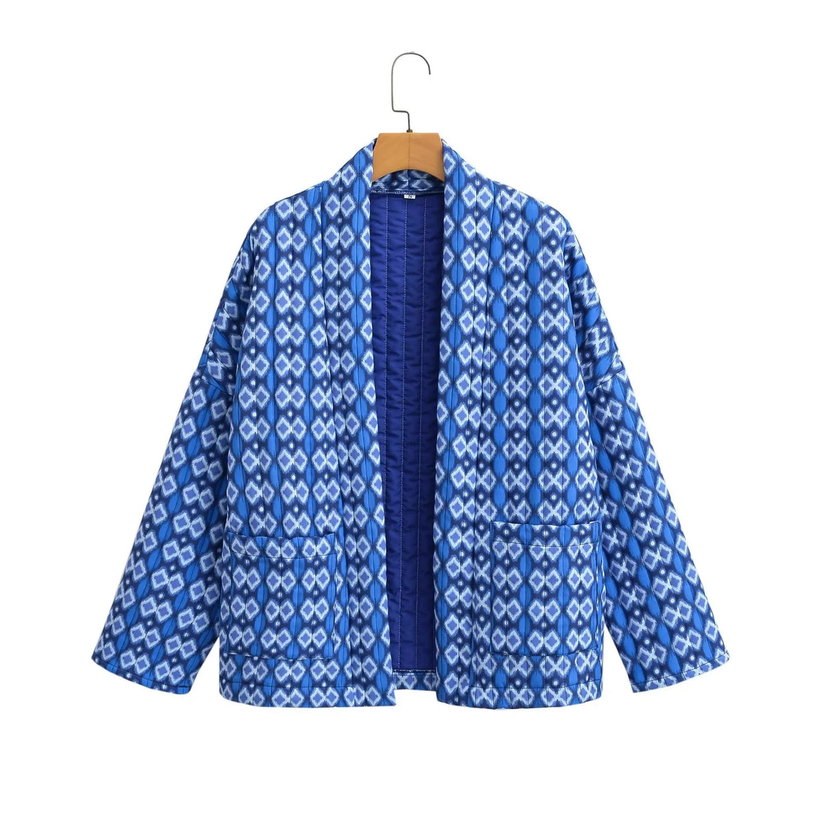 Geometric Floret Print Quilted Jacket - Blue
