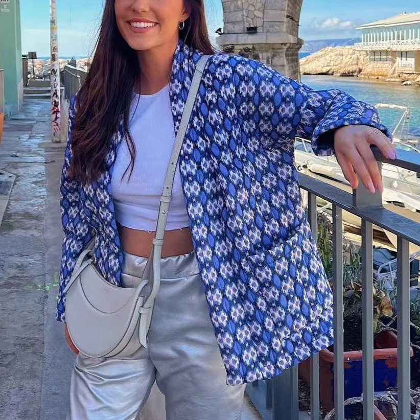 Geometric Floret Print Quilted Jacket - Blue - 2