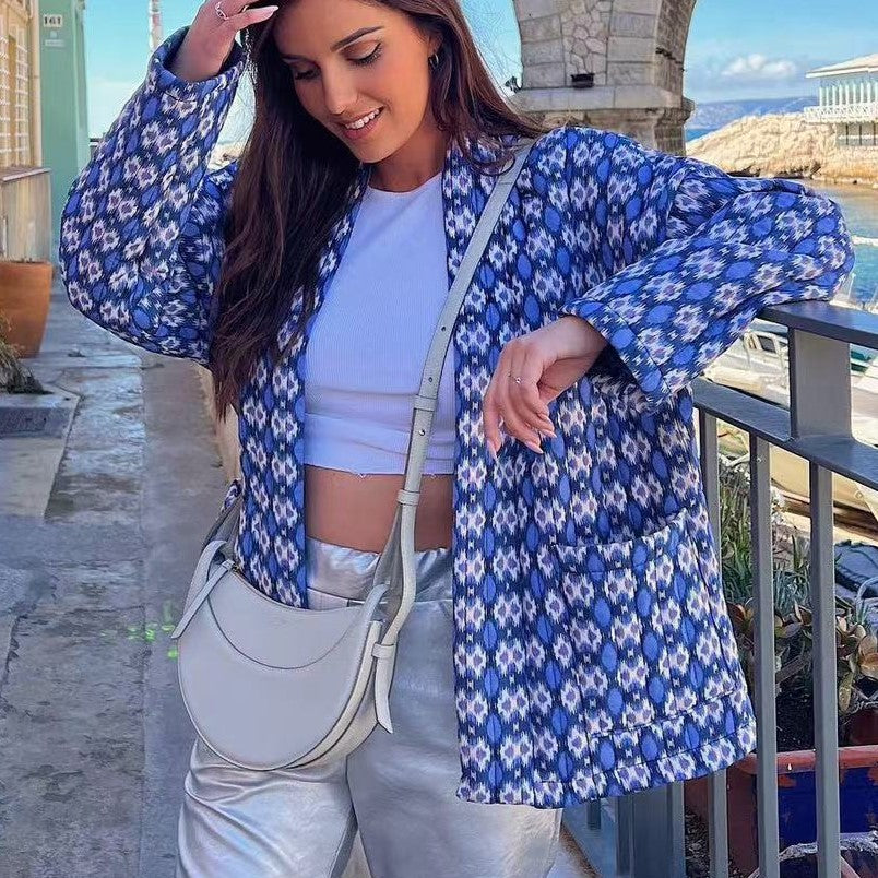 Geometric Floret Print Quilted Jacket - Blue - 3