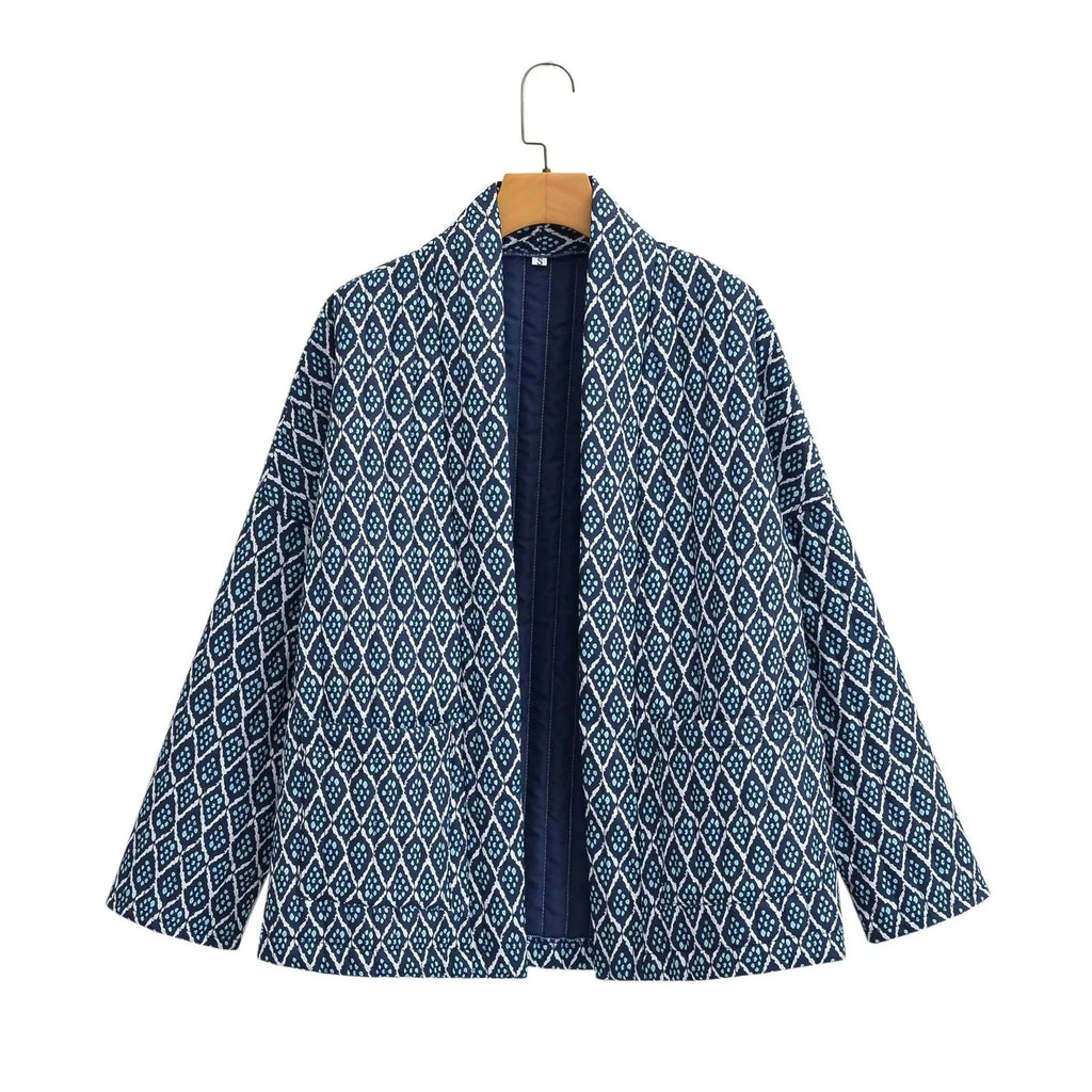 Geometric Floret Print Quilted Jacket - NavyBlue