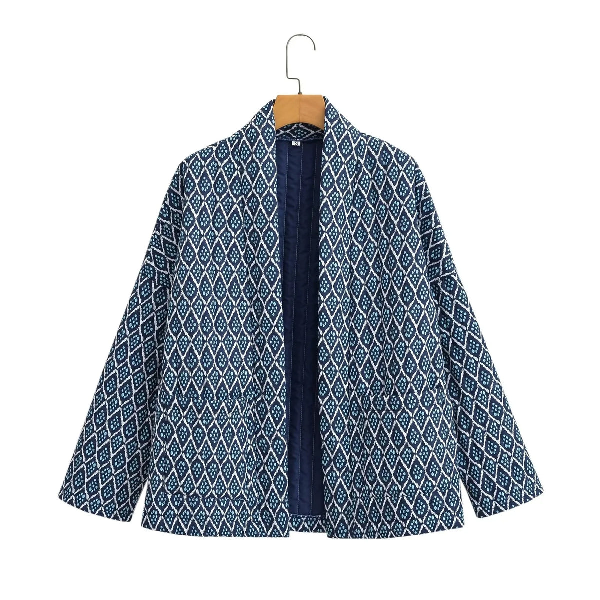 Geometric Floret Print Quilted Jacket - NavyBlue