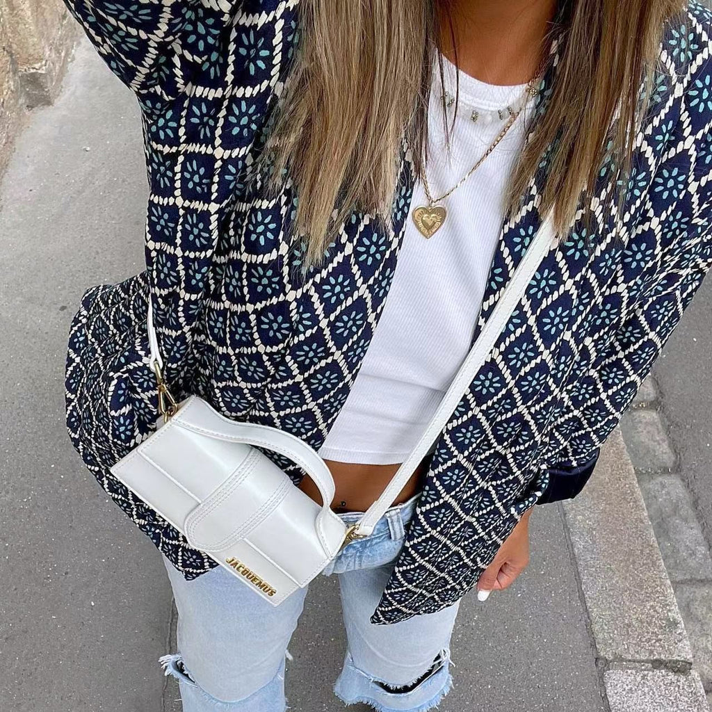 Geometric Floret Print Quilted Jacket - NavyBlue - 2