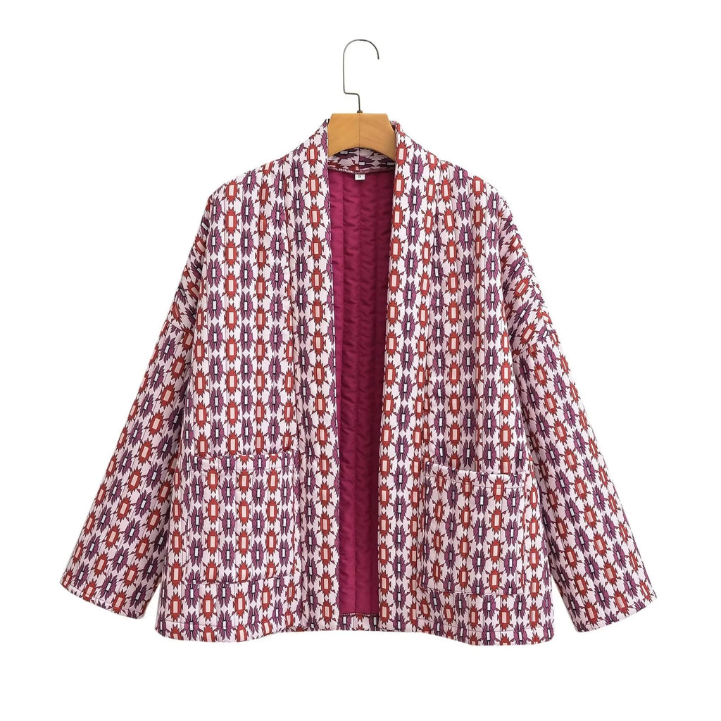 Geometric Floret Print Quilted Jacket - Pink - 1