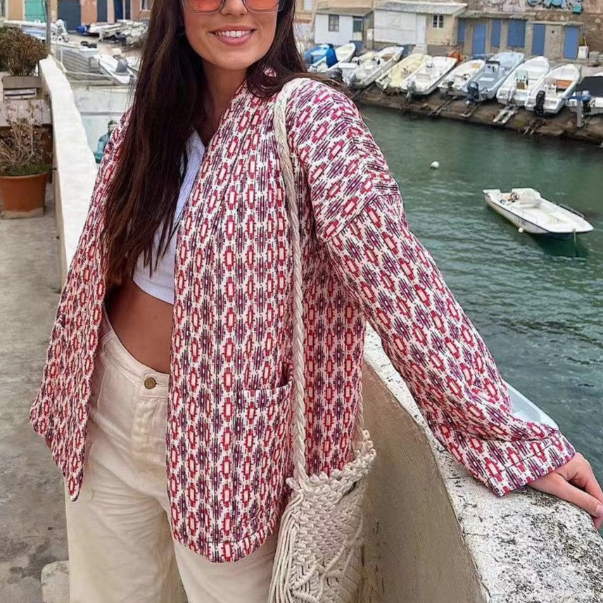 Geometric Floret Print Quilted Jacket - Pink - 2