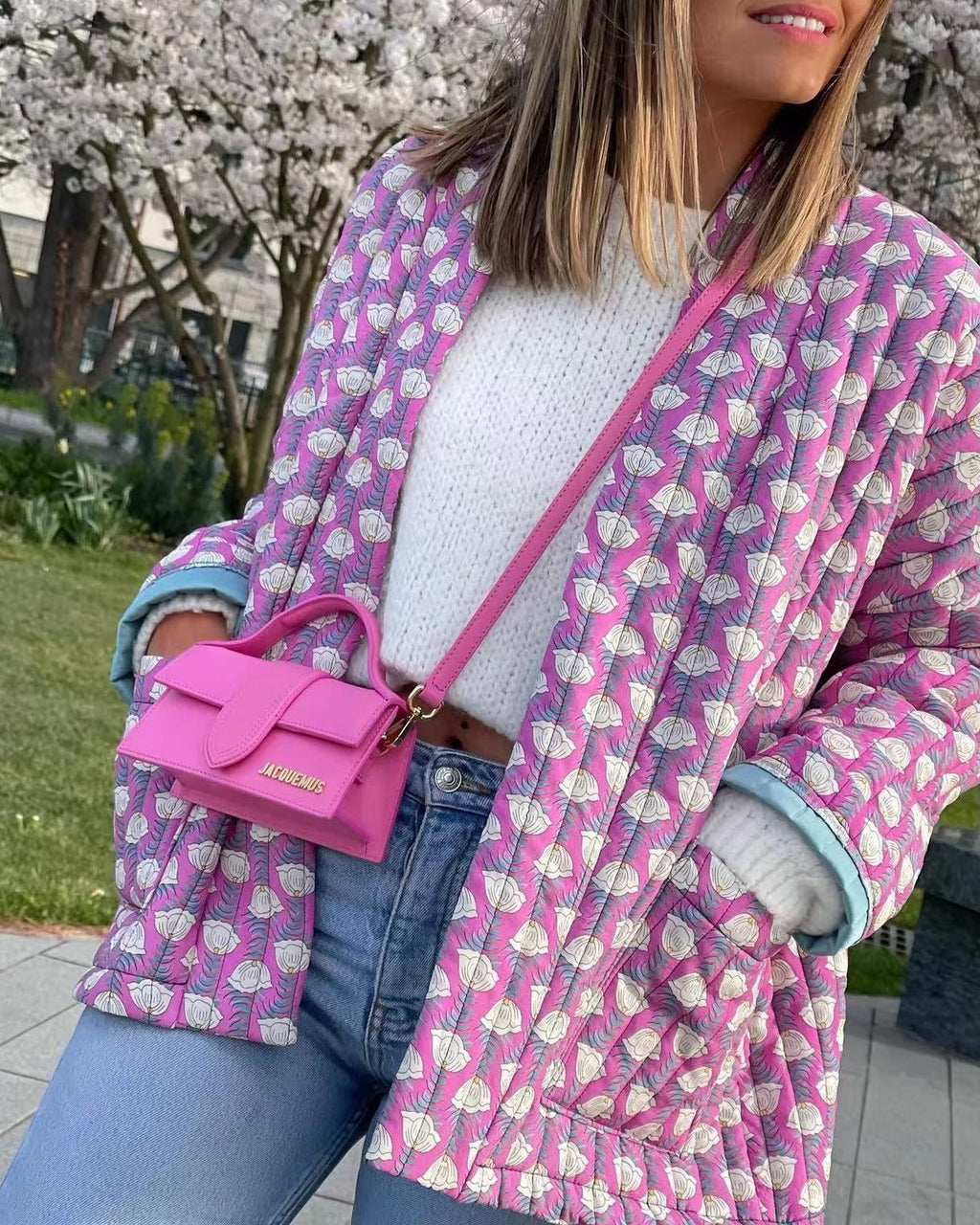 Geometric Floret Print Quilted Jacket - Purple - 1