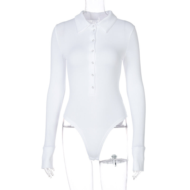 Collared Button Front Long Sleeve Bodysuit - White
