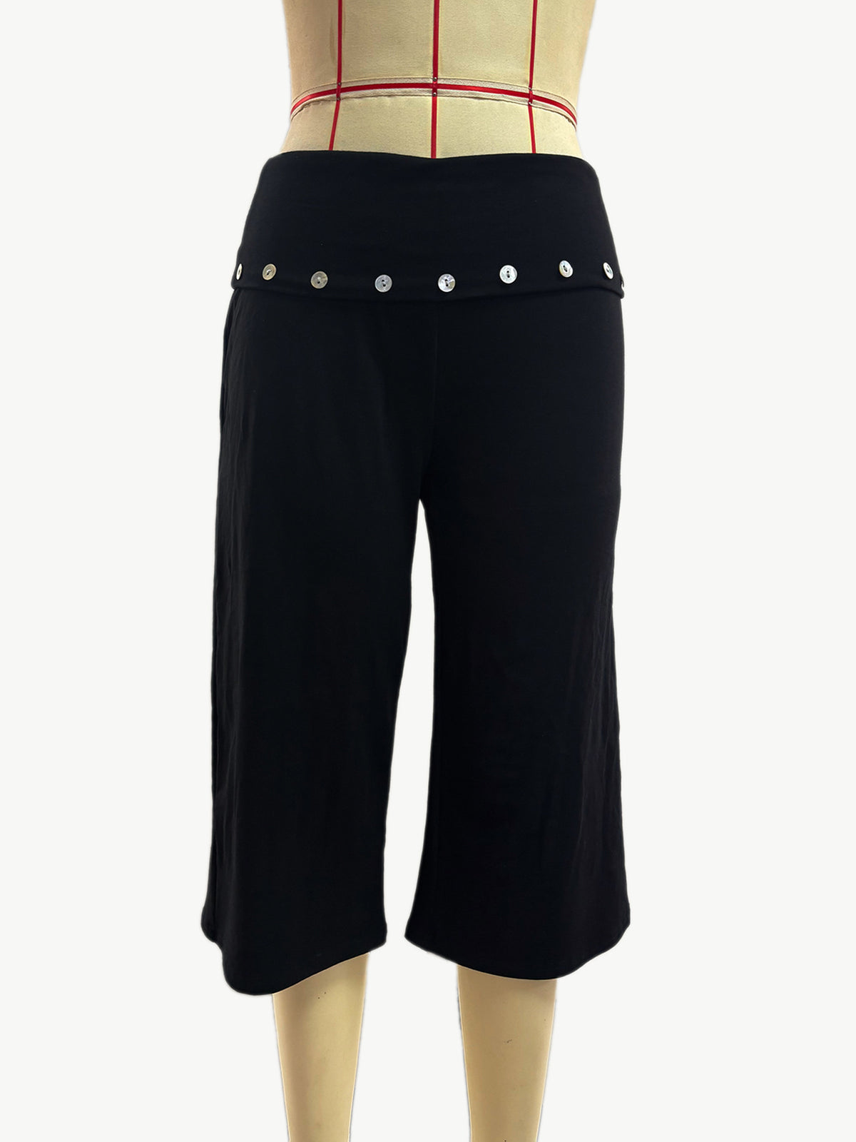 Studded Foldover Waist Cropped Wide Leg Pants - Black