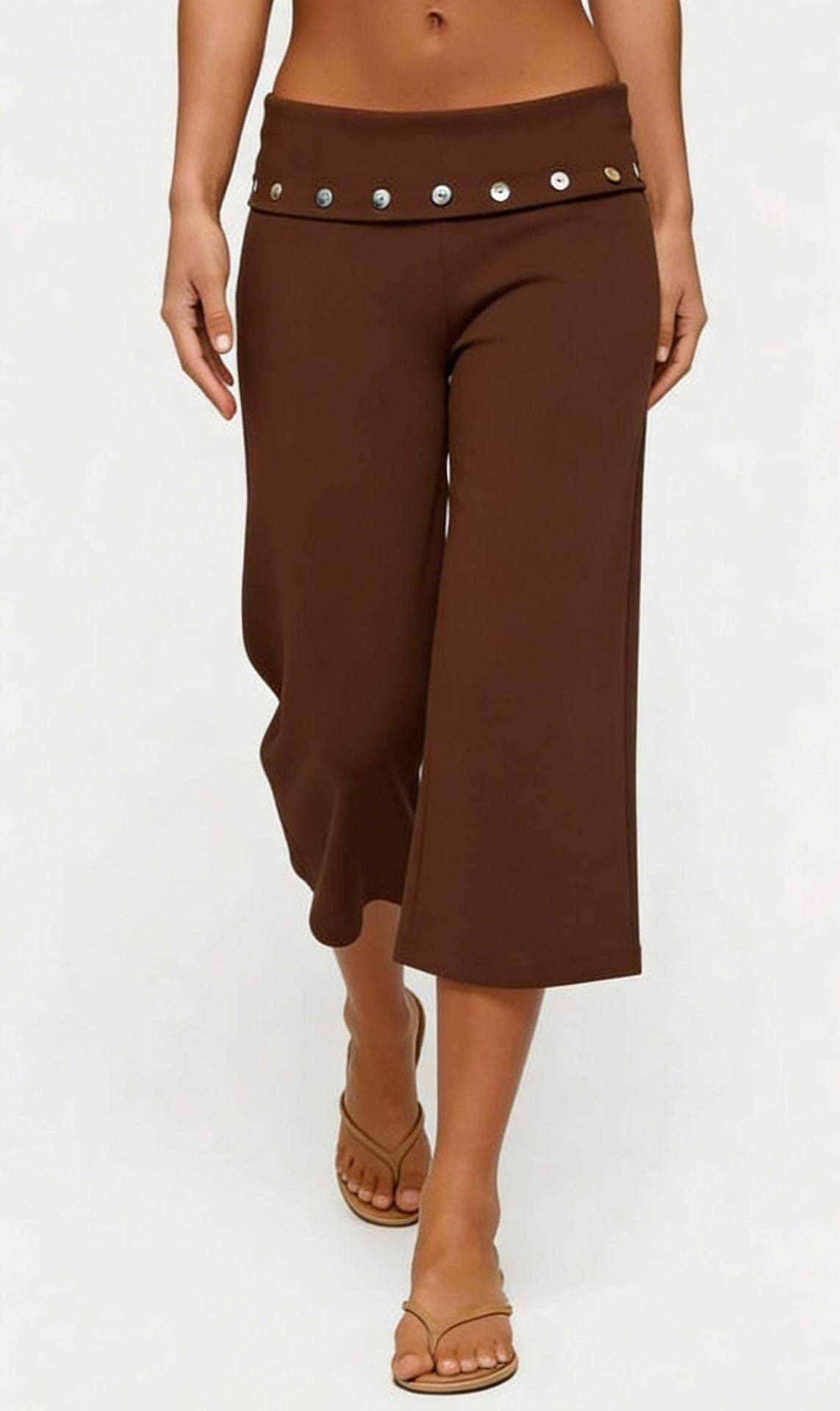 Studded Foldover Waist Cropped Wide Leg Pants - Brown