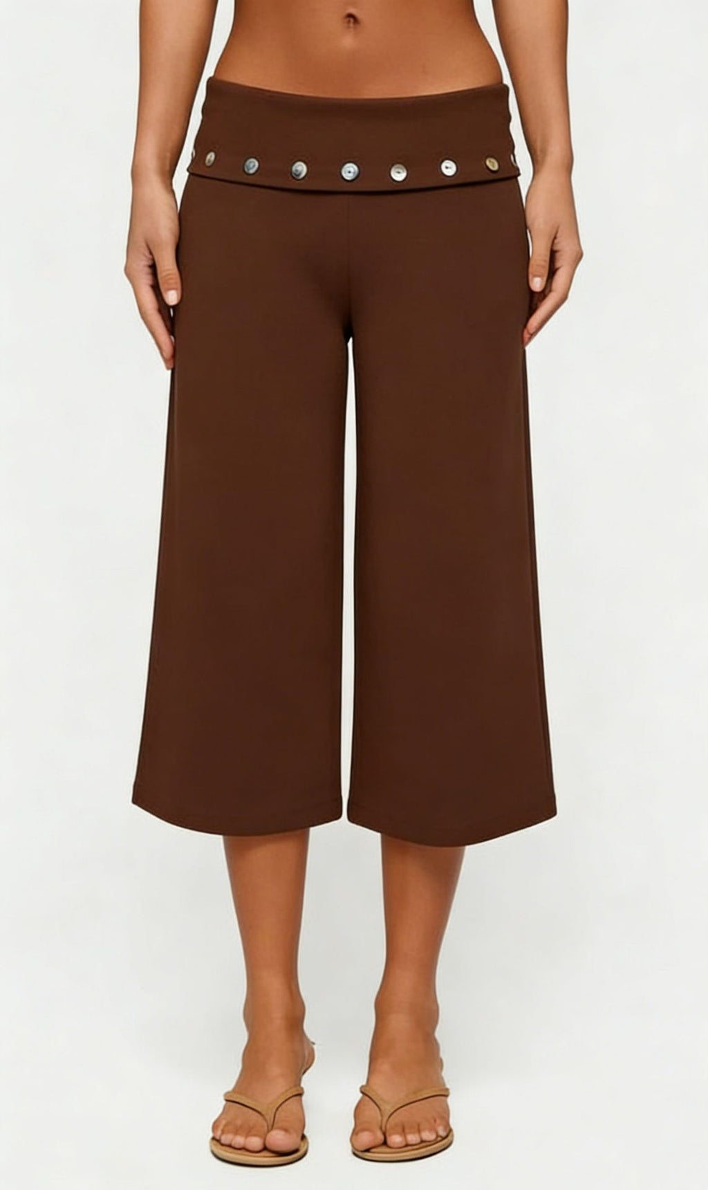 Studded Foldover Waist Cropped Wide Leg Pants - Brown - 1
