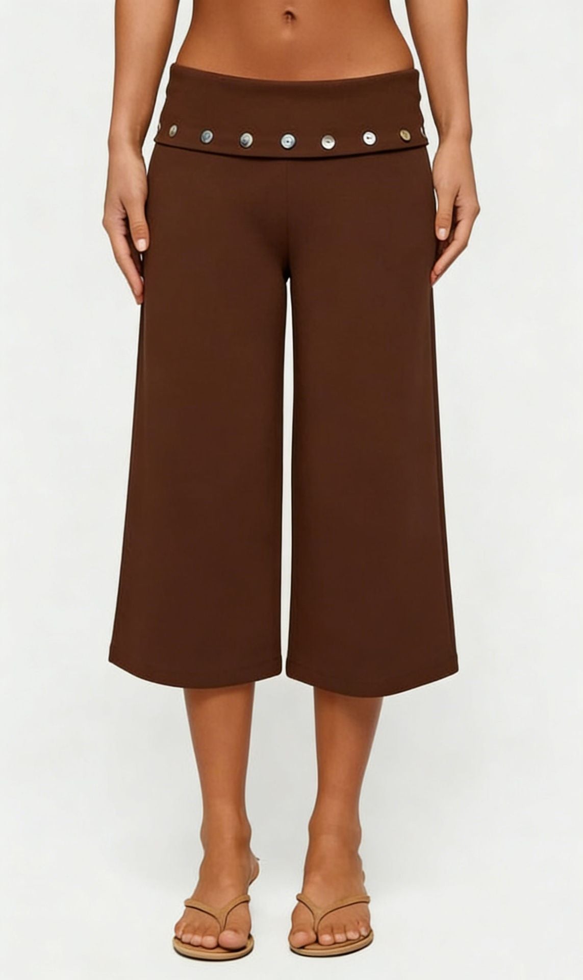 Studded Foldover Waist Cropped Wide Leg Pants - Brown - 1