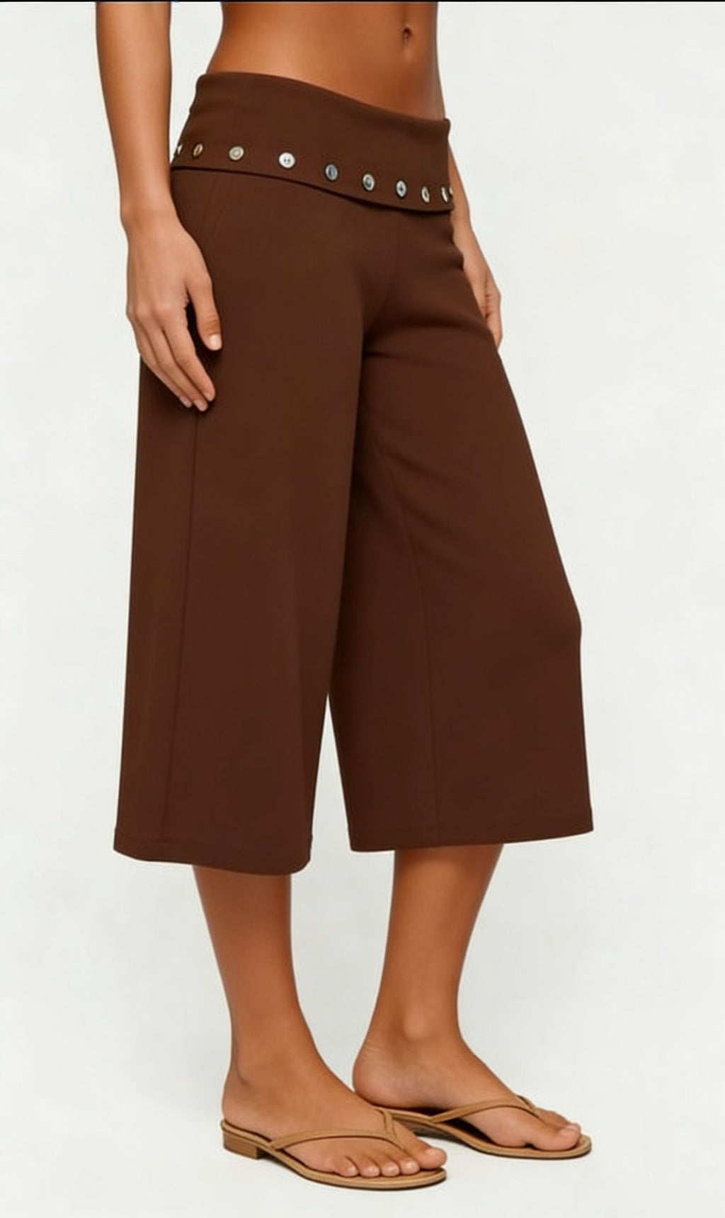 Studded Foldover Waist Cropped Wide Leg Pants - Brown - 2