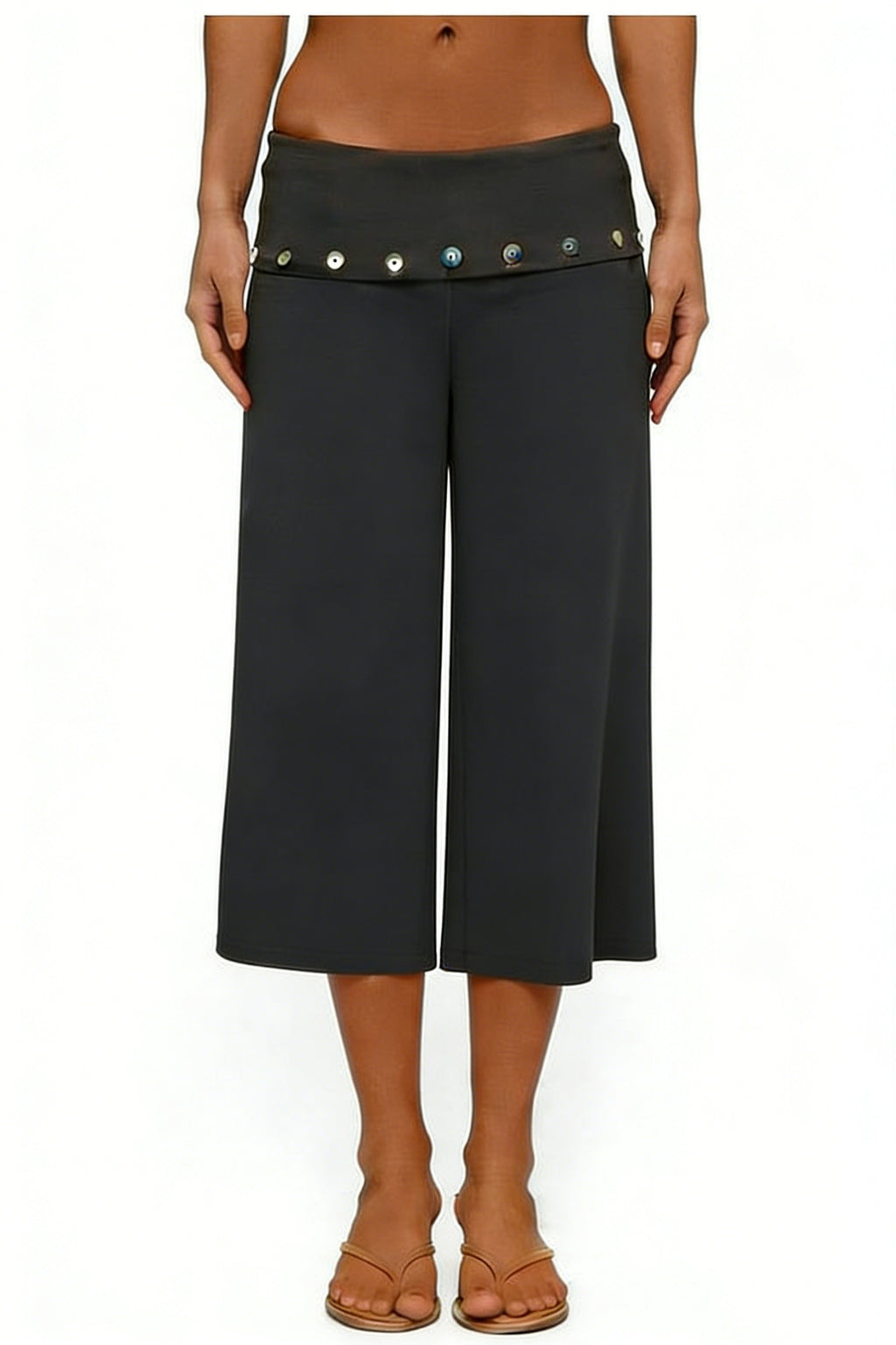 Studded Foldover Waist Cropped Wide Leg Pants - Grey