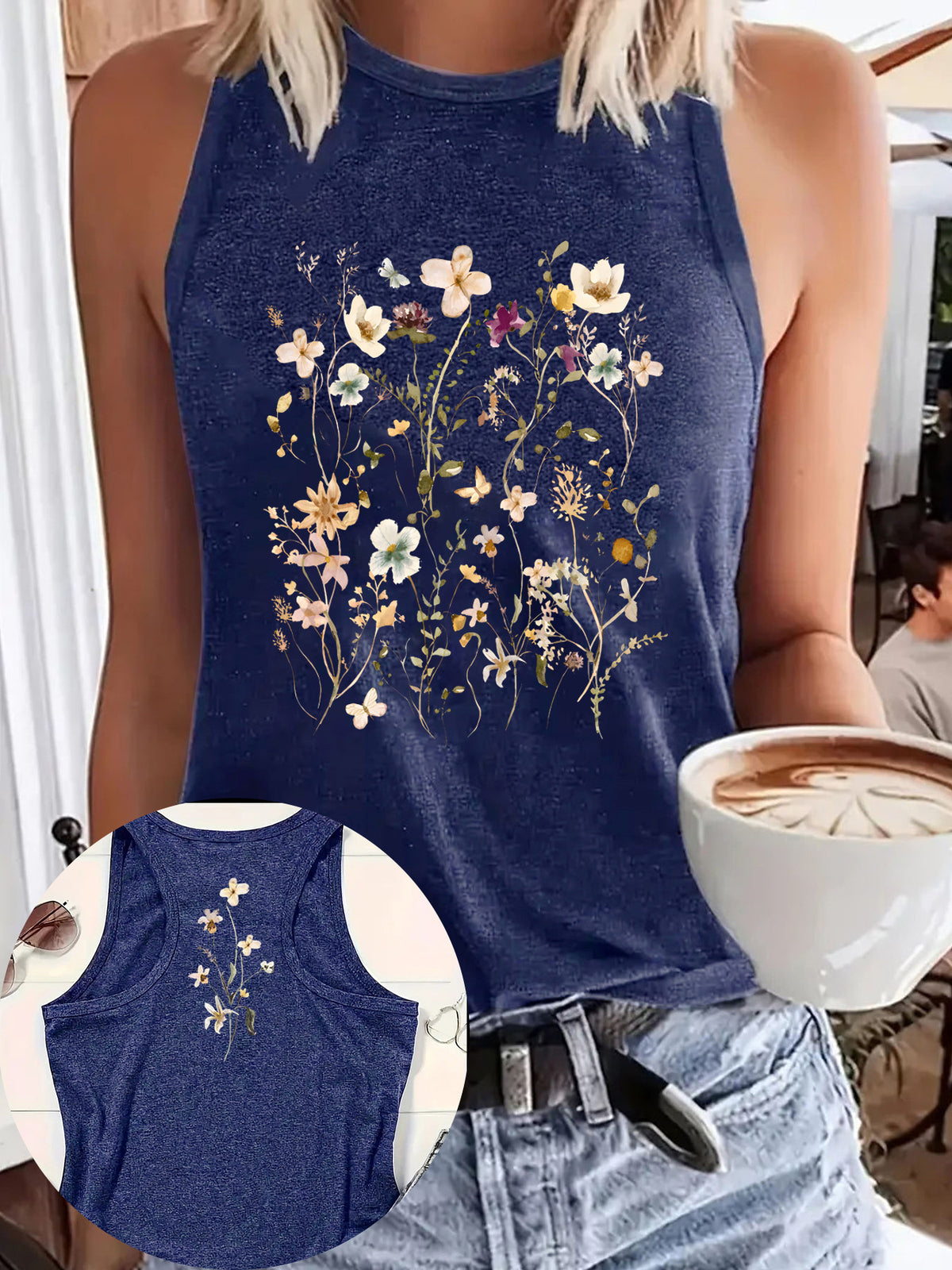Wildflower Print Sleeveless Boho Tank Top - Blue