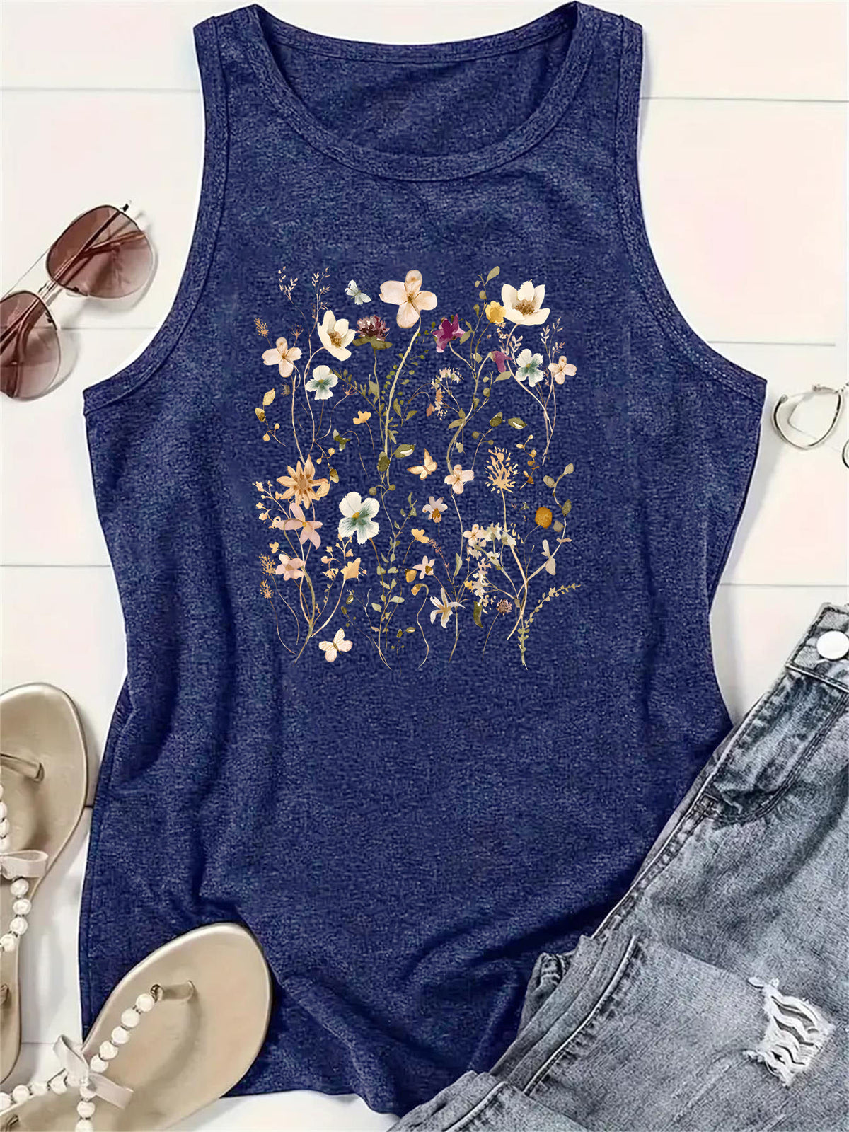 Wildflower Print Sleeveless Boho Tank Top - Blue - 1