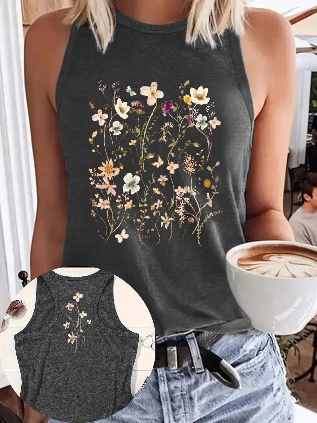 Wildflower Print Sleeveless Boho Tank Top - Grey