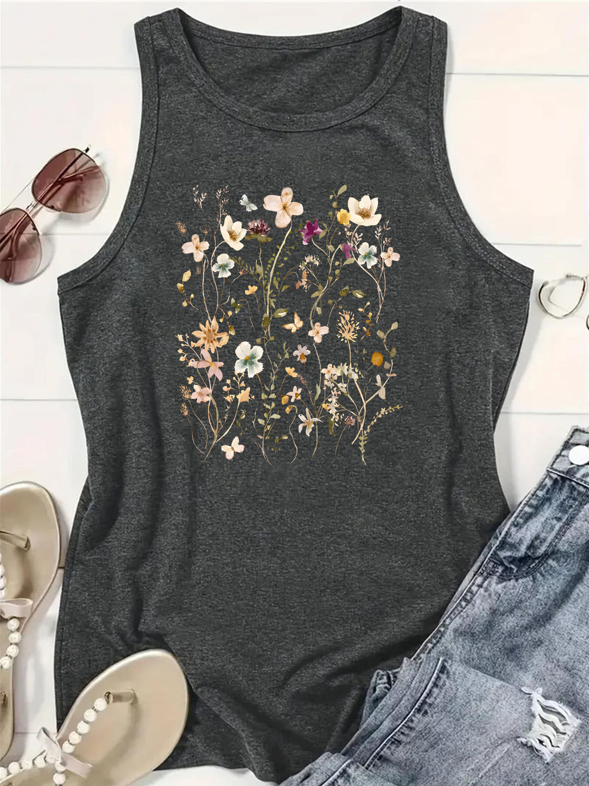 Wildflower Print Sleeveless Boho Tank Top - Grey - 1