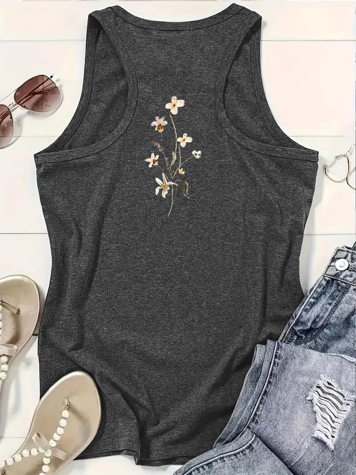 Wildflower Print Sleeveless Boho Tank Top - Grey - 2