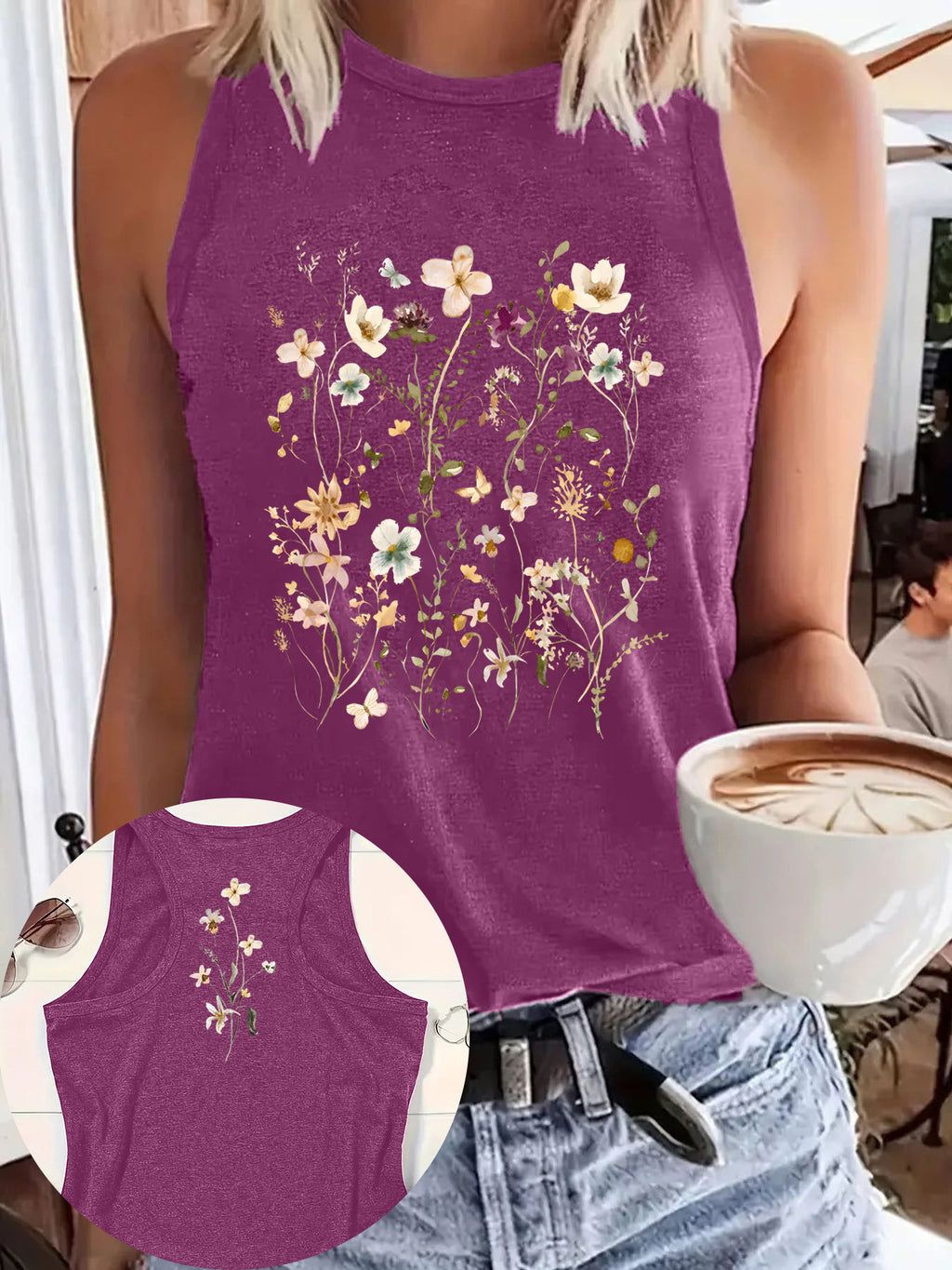 Wildflower Print Sleeveless Boho Tank Top - Purple