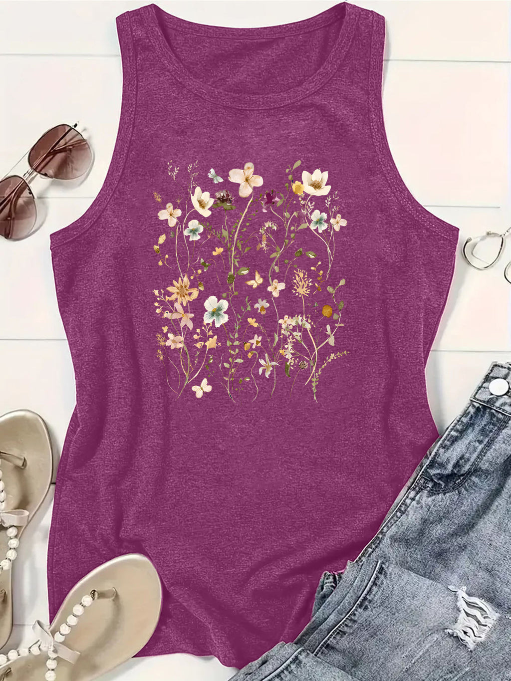 Wildflower Print Sleeveless Boho Tank Top - Purple - 1