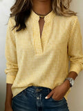 Stand-Collar V-Notch Gingham Button-Up Blouse - Yellow