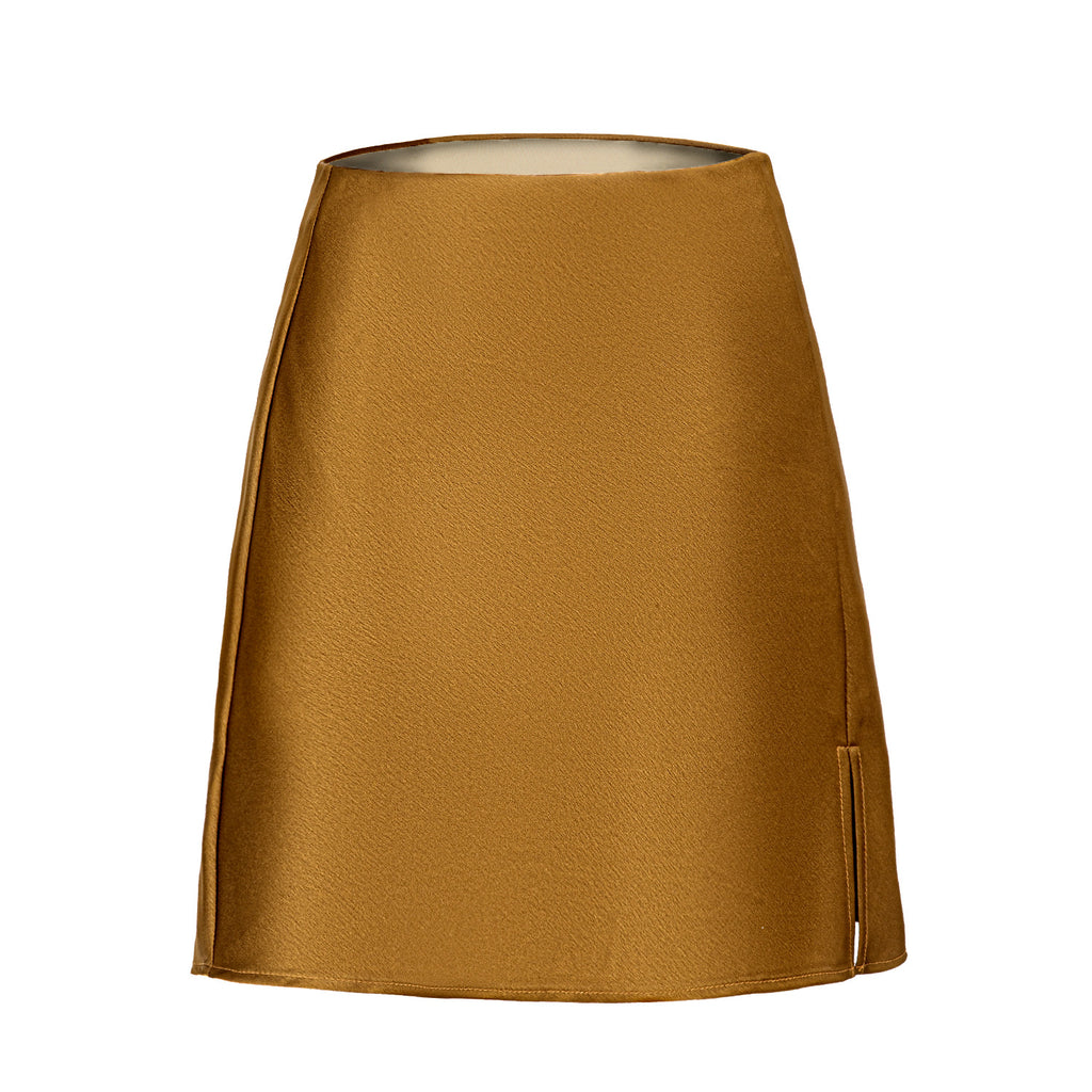 Satin A Line Mini Skirt with Slit - Gold