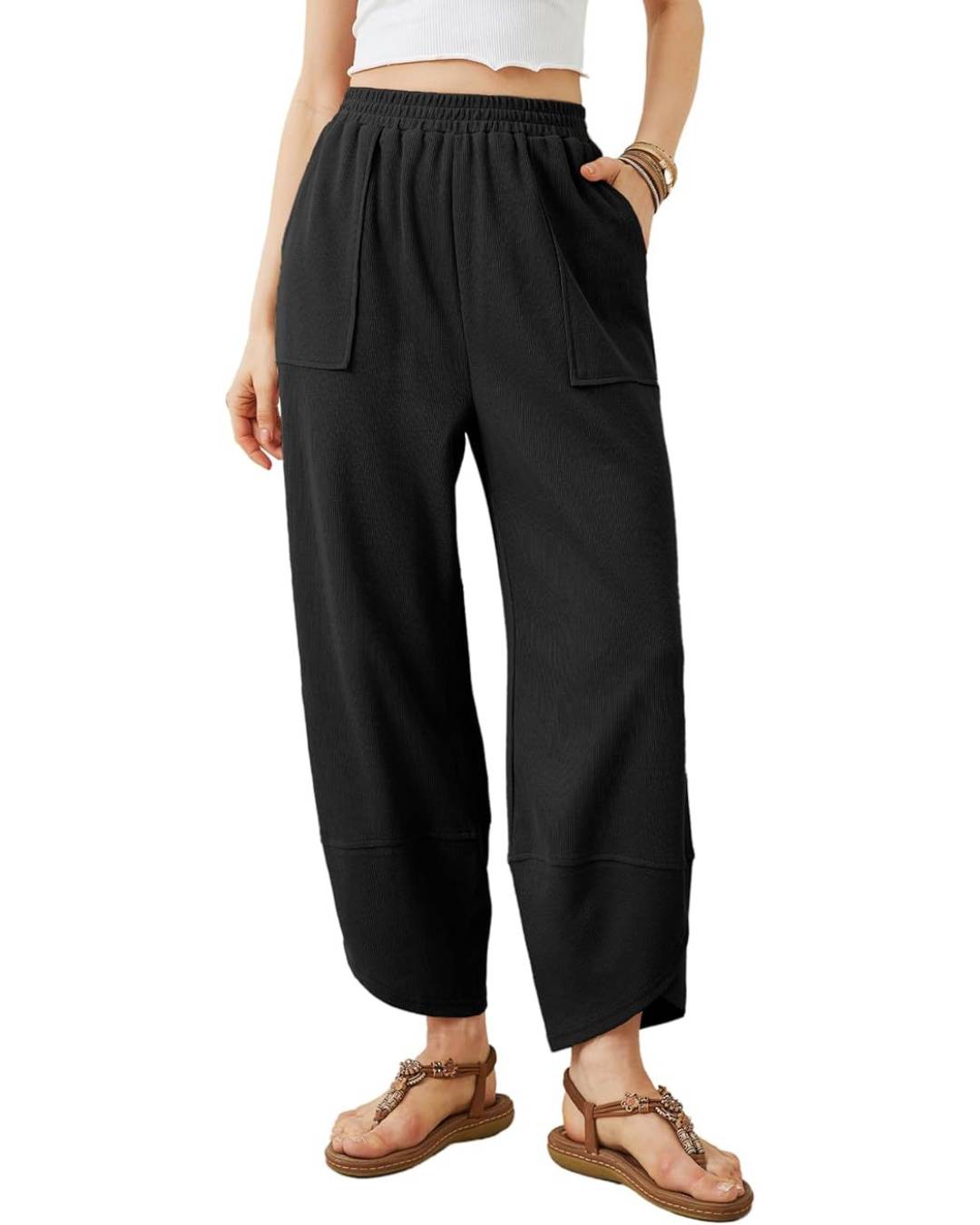 Pull On Cropped Barrel Leg Trousers - Black