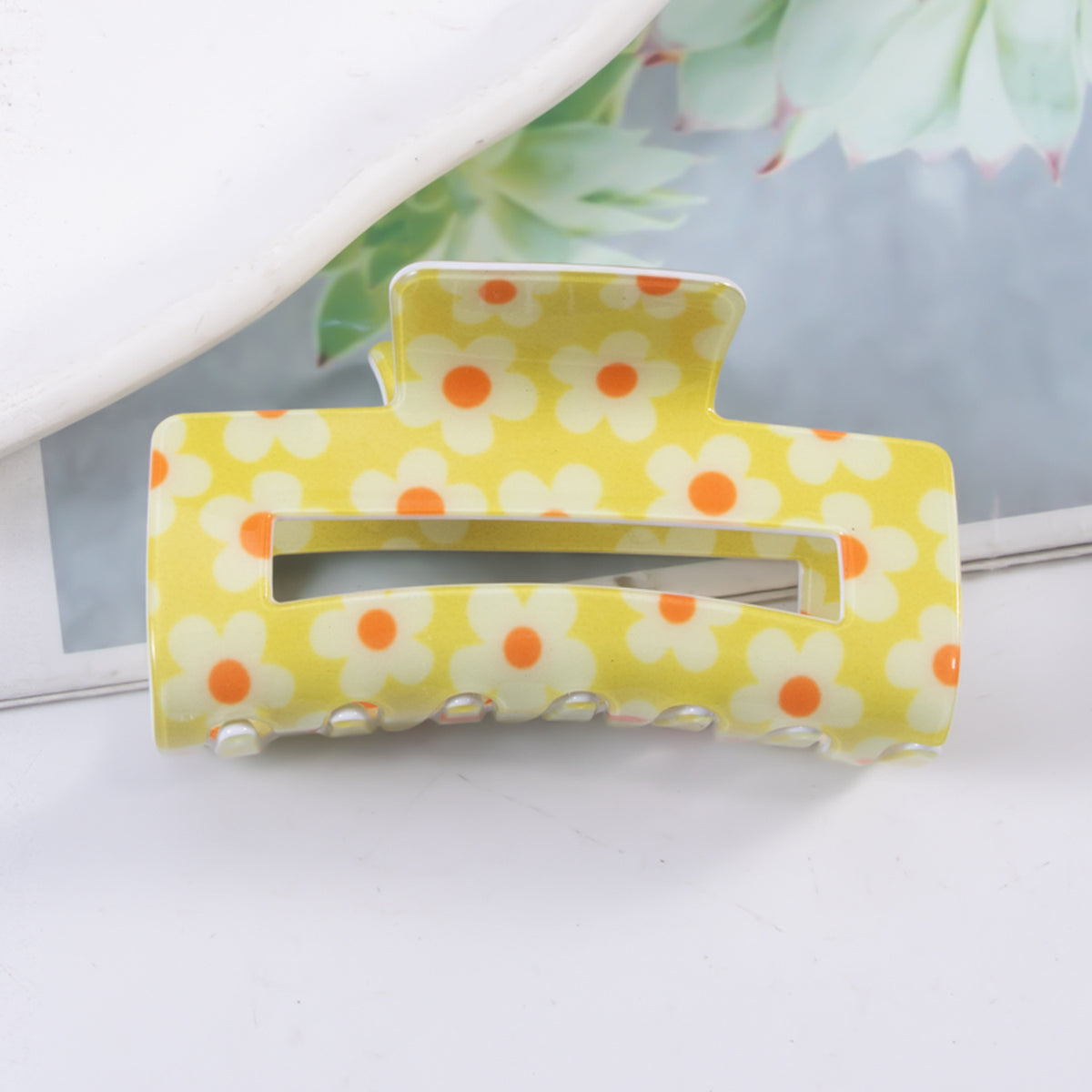 Retro Daisy Print Rectangle Hair Claw - Color_3