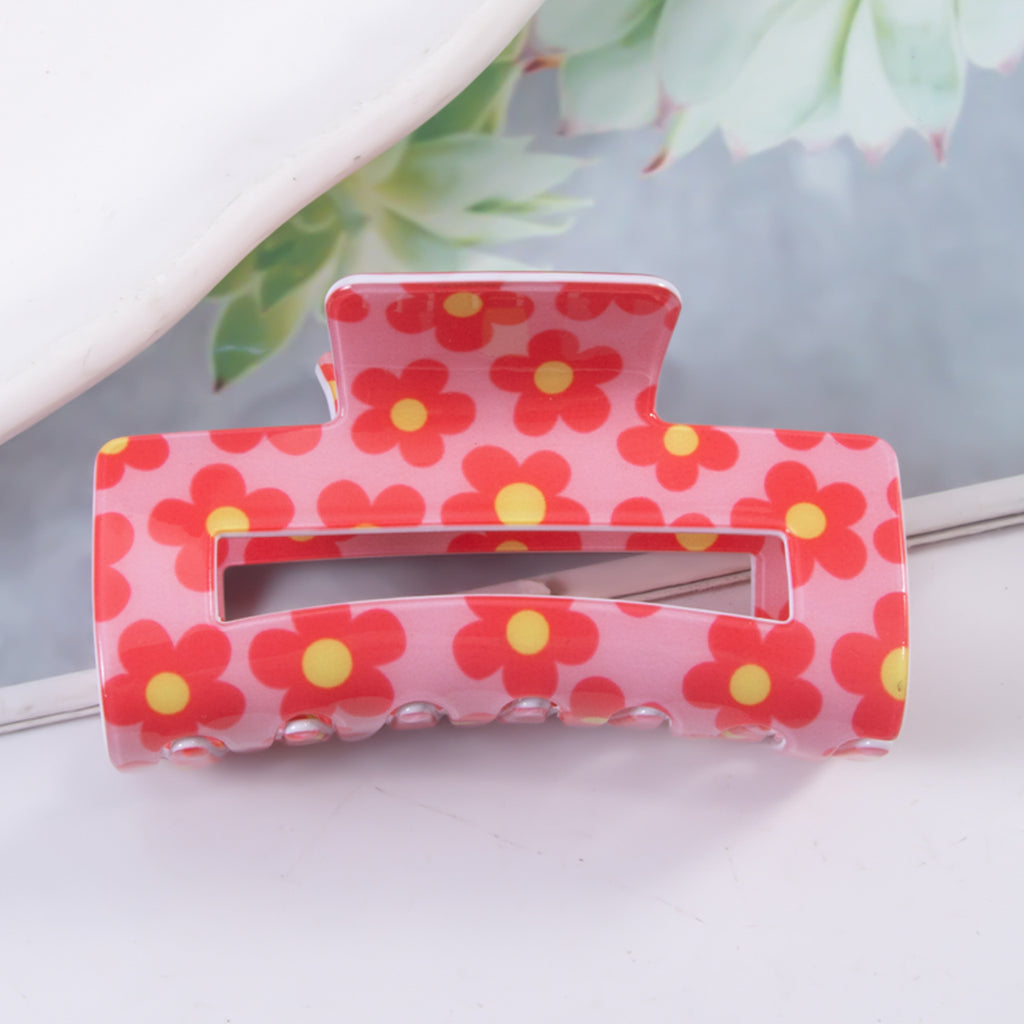 Retro Daisy Print Rectangle Hair Claw - Color_4
