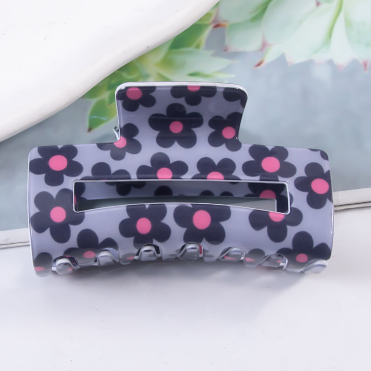 Retro Daisy Print Rectangle Hair Claw - Color_5