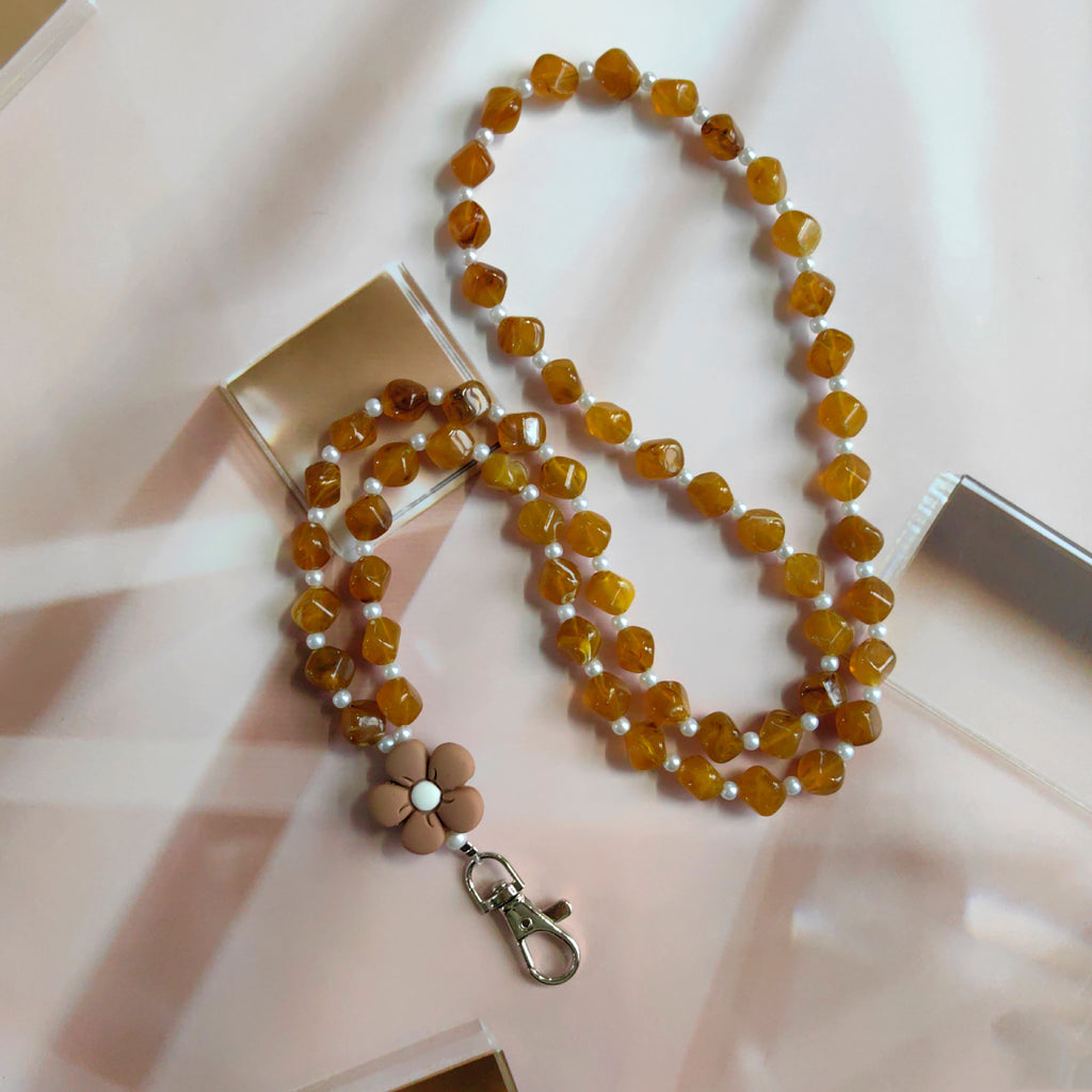 Beaded Phone Lanyard with Flower Charm and Clip - Amber