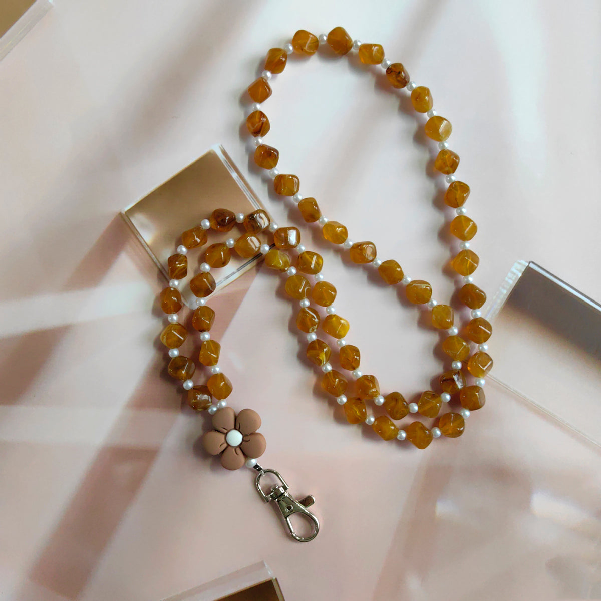 Beaded Phone Lanyard with Flower Charm and Clip - Amber