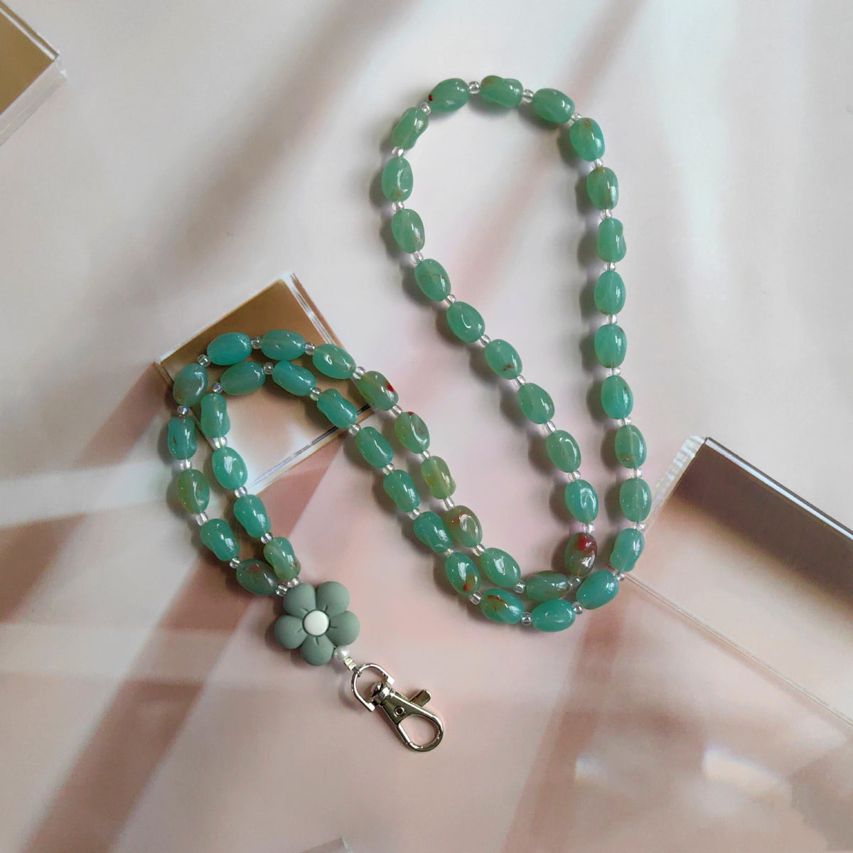 Beaded Phone Lanyard with Flower Charm and Clip - Green