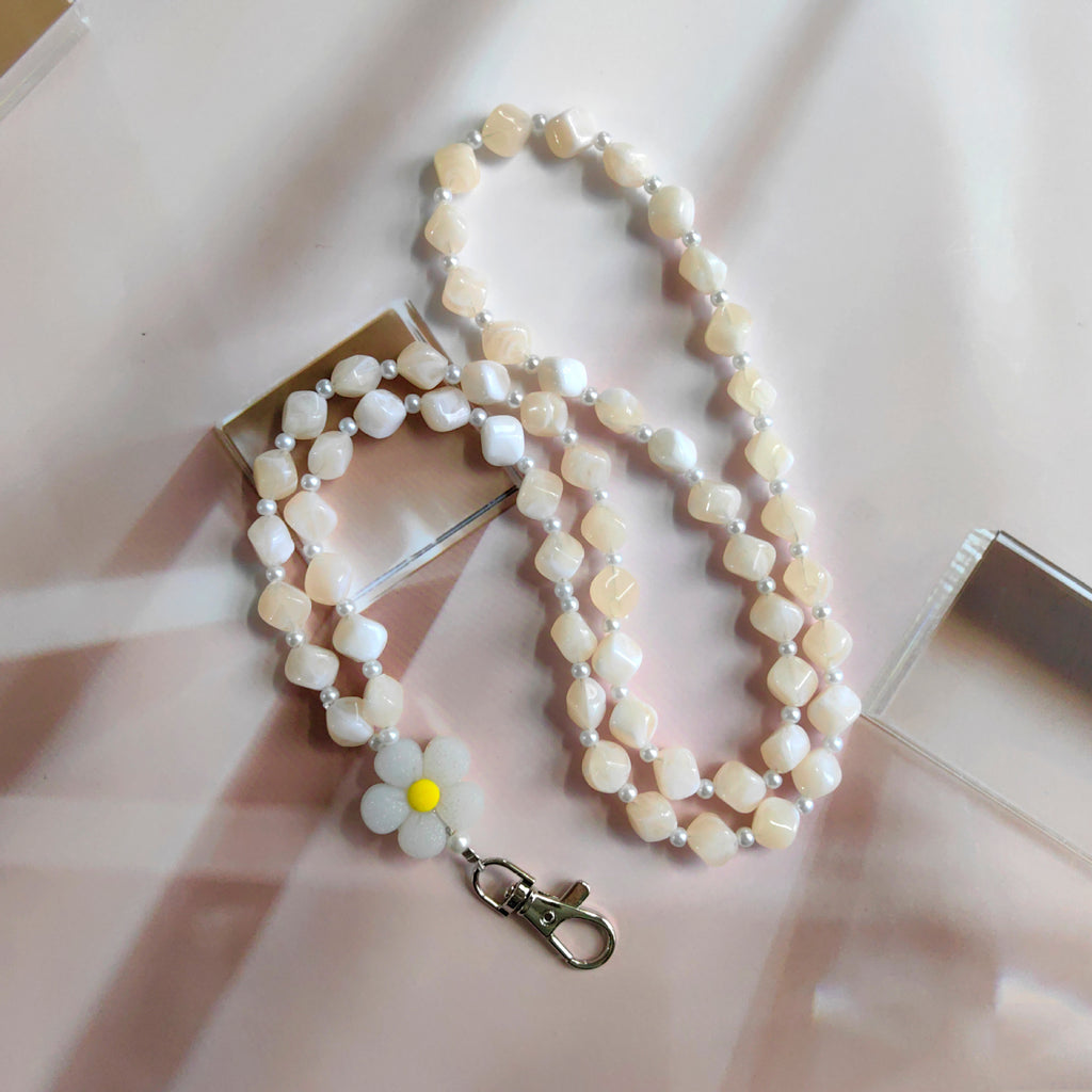 Beaded Phone Lanyard with Flower Charm and Clip - Yellow