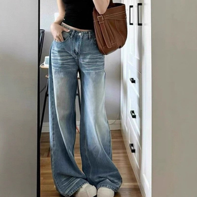 High Rise Whiskered Light Wash Baggy Wide Leg Jeans