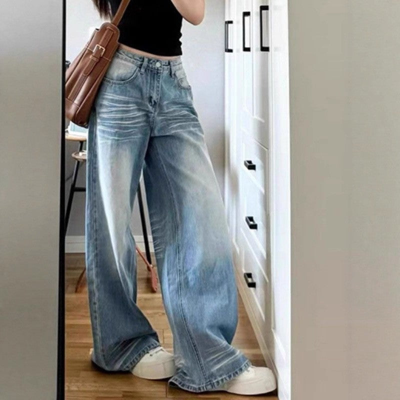 High Rise Whiskered Light Wash Baggy Wide Leg Jeans