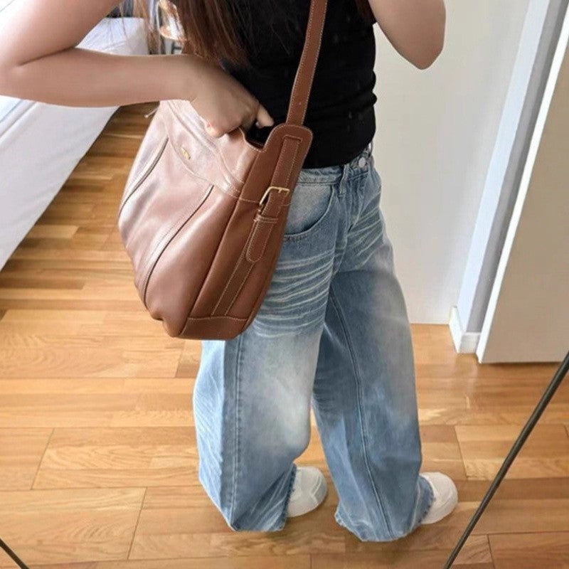 High Rise Whiskered Light Wash Baggy Wide Leg Jeans