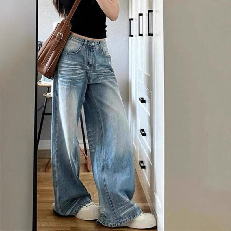 High Rise Whiskered Light Wash Baggy Wide Leg Jeans