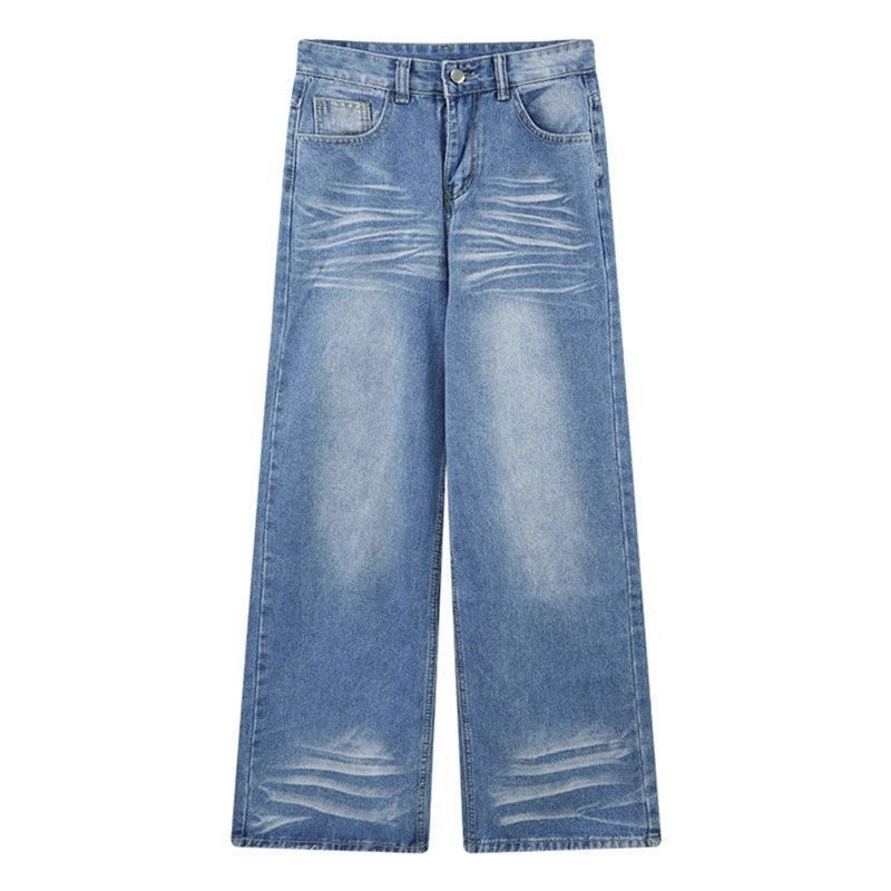 High Rise Whiskered Light Wash Baggy Wide Leg Jeans