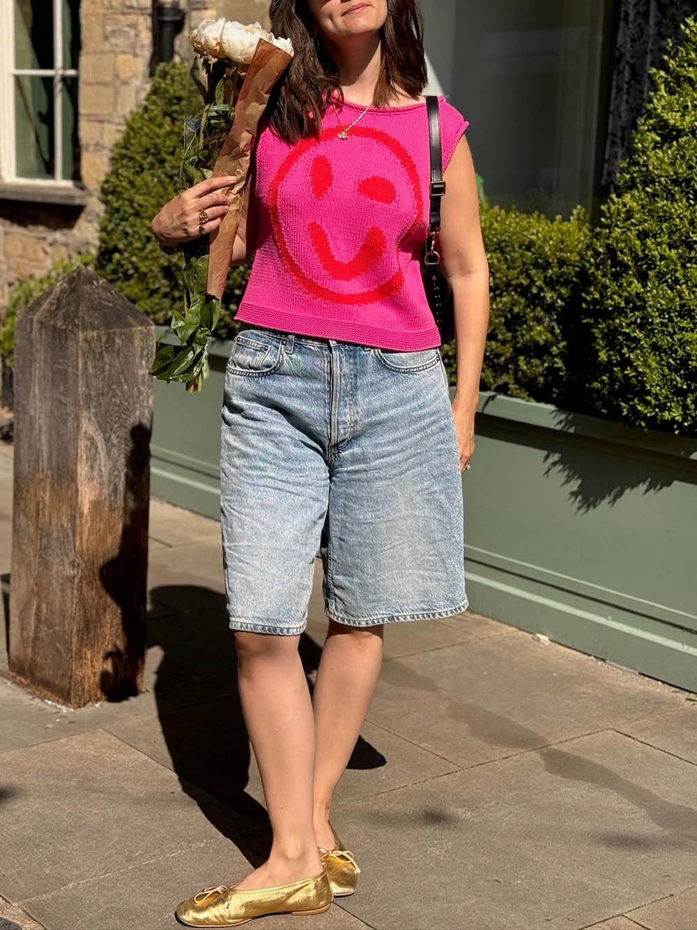 Smiley Face Knitted Sleeveless Vest Top - Fuchsia