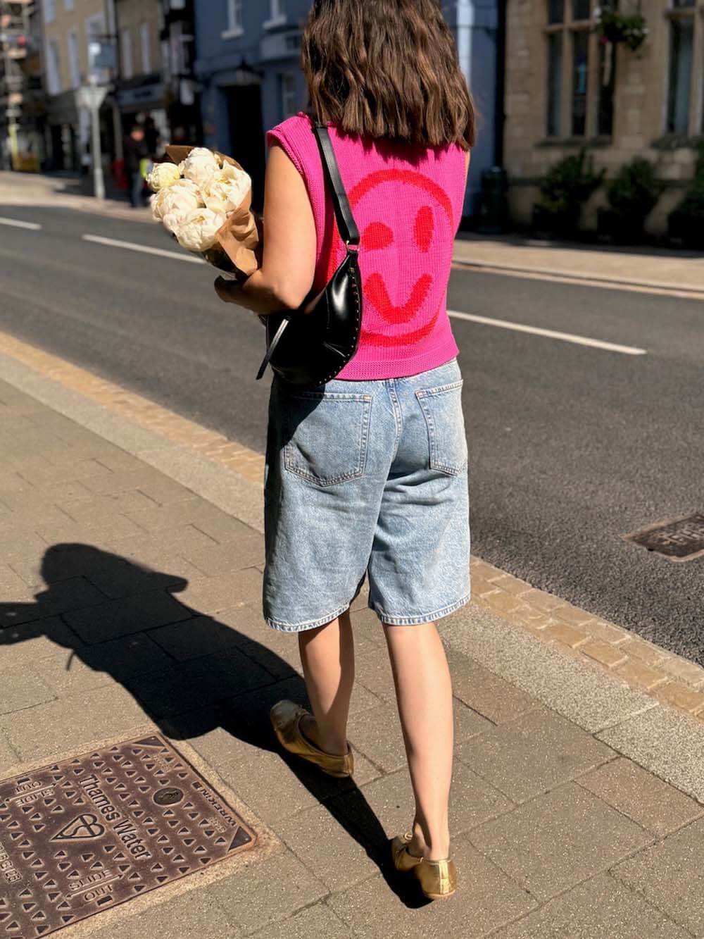 Smiley Face Knitted Sleeveless Vest Top - Fuchsia - 1