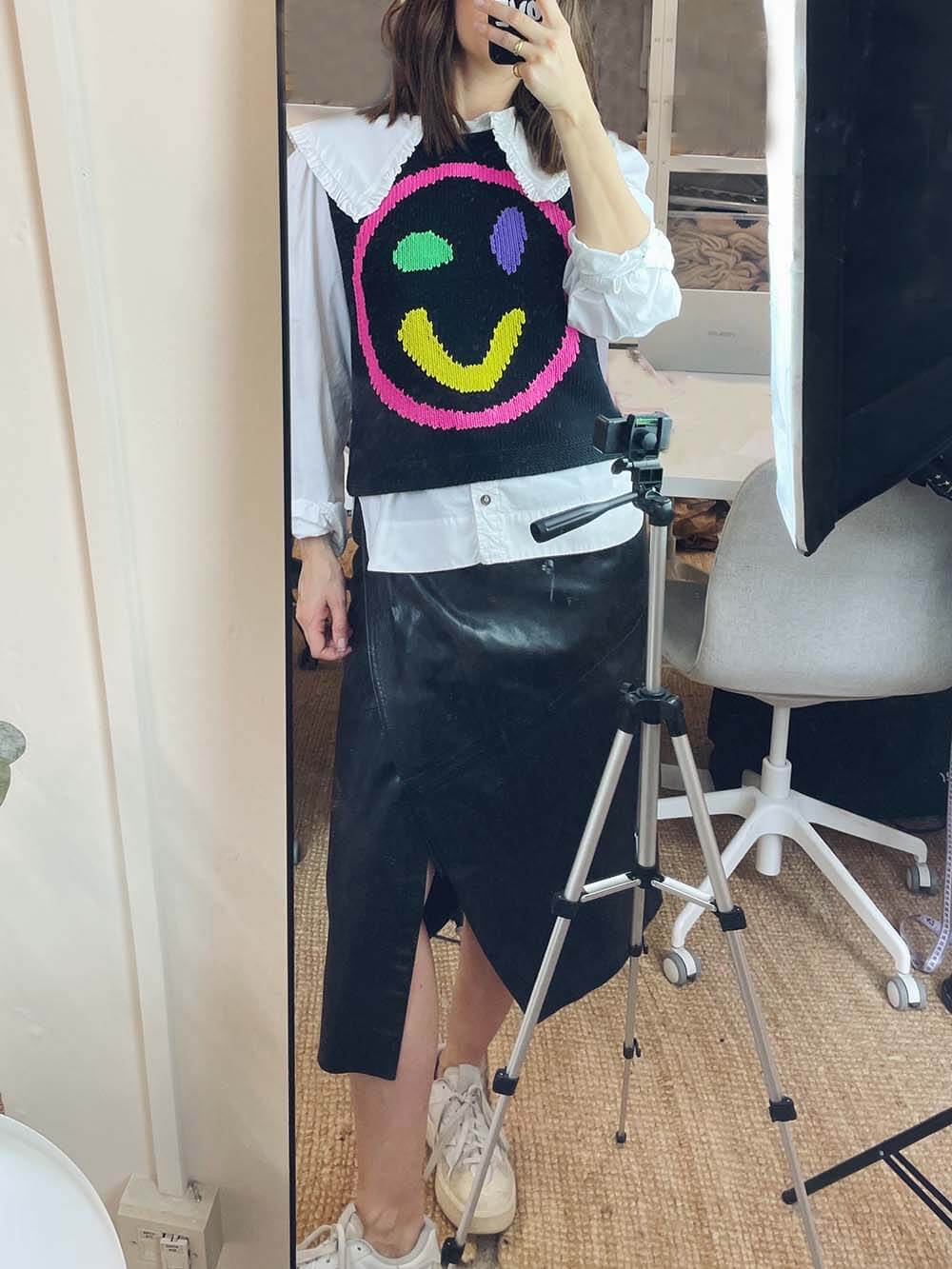 Smiley Face Knitted Sleeveless Vest Top - Multi - 1
