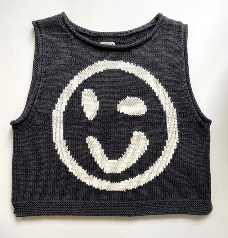 Smiley Face Knitted Sleeveless Vest Top - black
