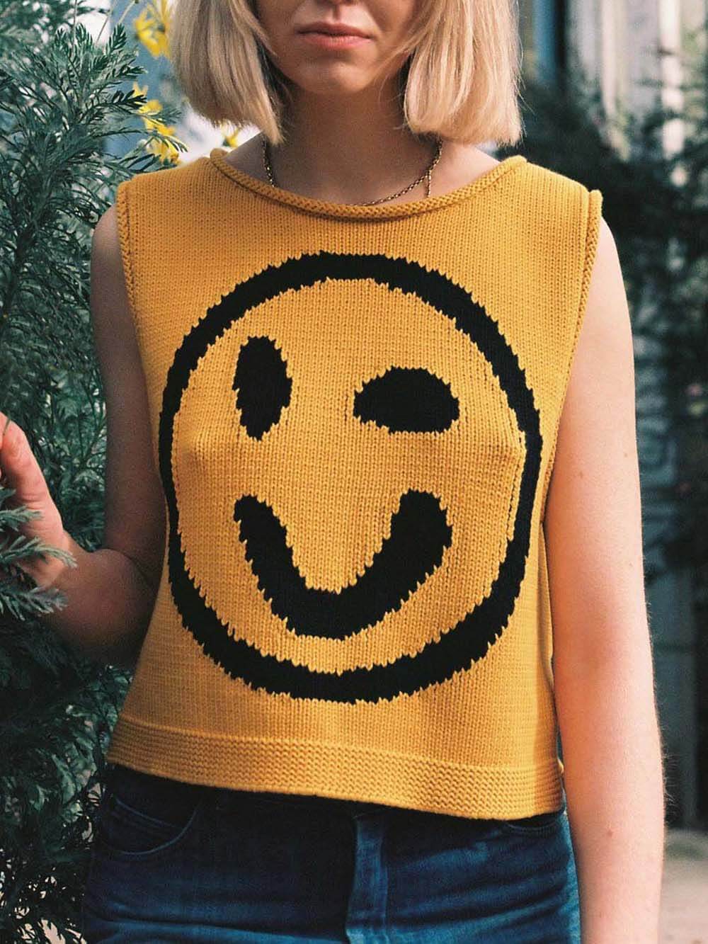 Smiley Face Knitted Sleeveless Vest Top - yellow